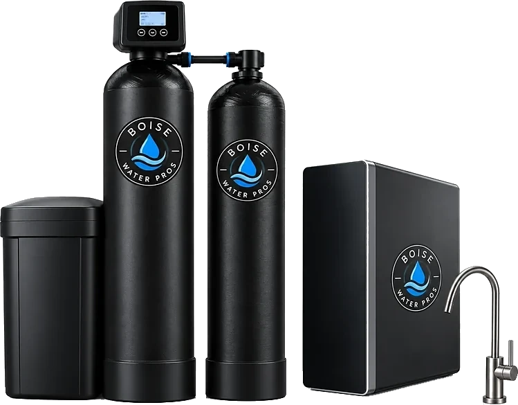 Boise Water Pros whole-home system: water softener with brine tank, whole-home carbon filtration tank, and reverse osmosis unit with dedicated faucet